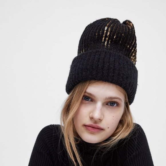 Zara Accessories Zara Black Gold Sequin Beanie Hat Poshmark